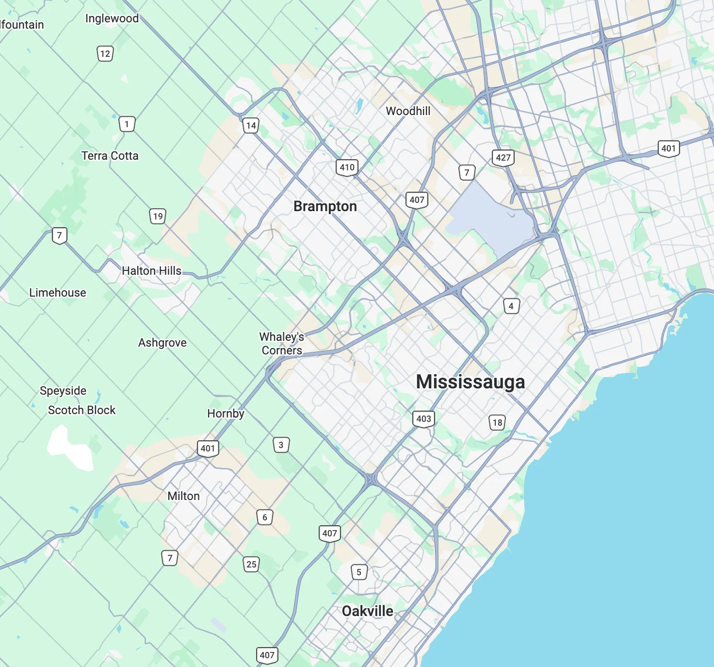 GTA service area map showing Mississauga, Oakville, Brampton and Milton