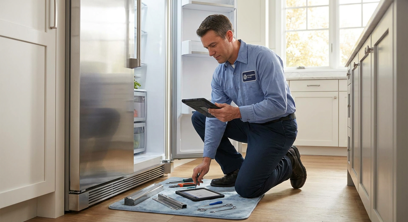 905 Appliance Repair Technician servicing a GE Refrigerator